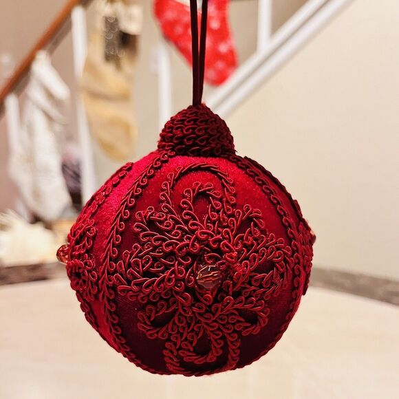 Vintage Velvet Burgundy Christmas Ornament Handcrafted Embroidery Unbreakable 4” - Picture 1 of 6